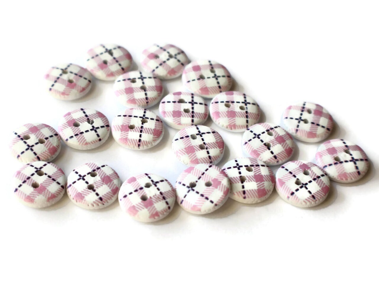 20 13mm Two Hole Pink Tartan Plaid Round Buttons Wooden Buttons White Wood Buttons